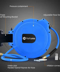 Grab This Heavy Duty Retractable Air Hose Reel With 50 Feet Of 3 8 Inch Hose Perfect For Air Compressors Features Wall Mount Swivel Bracket And Slow Return Safety System Rated For 300 Psi Lightweight Build, showing blue reel with flexible hose, swivel bracket, and connectors.