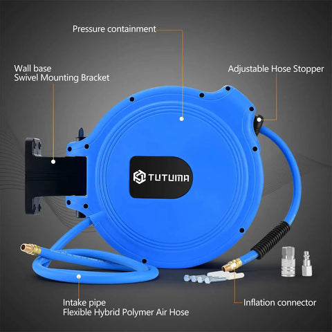 Grab This Heavy Duty Retractable Air Hose Reel With 50 Feet Of 3 8 Inch Hose Perfect For Air Compressors Features Wall Mount Swivel Bracket And Slow Return Safety System Rated For 300 Psi Lightweight Build, showing blue reel with flexible hose, swivel bracket, and connectors.