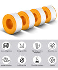 Four rolls of plumber Teflon tape highlighting high temperature resistance and durability for showers and faucets.