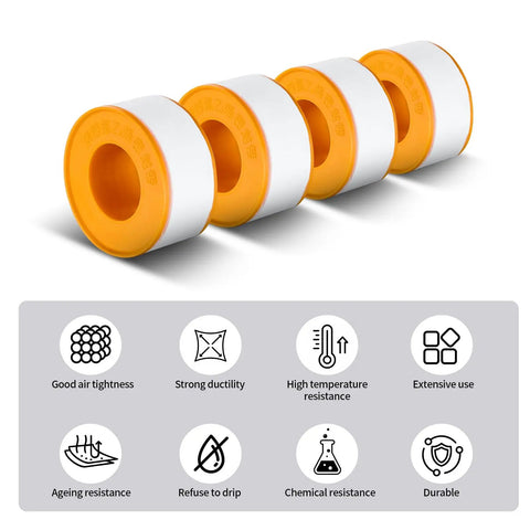 Four rolls of plumber Teflon tape highlighting high temperature resistance and durability for showers and faucets.