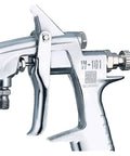 Close-up of Professional Paint Spraying Machine Stainless Steel Pressure Feed Long Pole Spray Gun grip and nozzle detail.