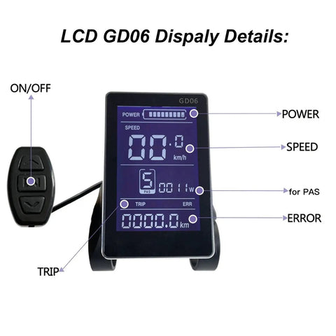 GD06 LCD Display Panel for Bikes and Electric Scooters showing speedometer, battery gauge, and data readout with button controls.