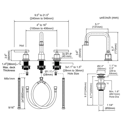 Diagram of Dark Grey Widespread Brass Bathroom Faucet Set 3 Hole Vanity Tap With Drain And Supply Lines dimensions and specifications