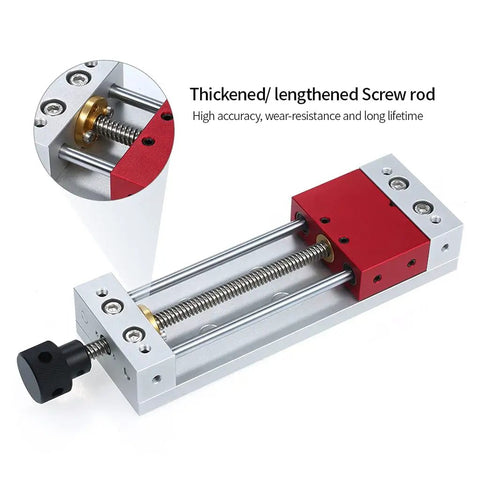LONGFDX Wood Carving Vise For CNC Engraving Machine shows thickened screw rod with polished guide for accuracy and adjustability.