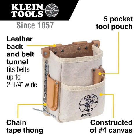 Canvas And Leather 5 Pocket Tool Pouch With Chain Tape Thong And Tunnel Belt Connection Beige For Pros And DIYers Durable Riveted Construction Fits Belts Up To Two And A Quarter Inches showing features