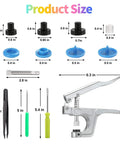 Snaps And Snap Pliers Set With 375 T5 Plastic Button Sets For Sewing And Crafting, showing tools, snaps, and dimensions.