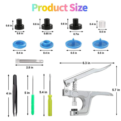 Snaps And Snap Pliers Set With 375 T5 Plastic Button Sets For Sewing And Crafting, showing tools, snaps, and dimensions.