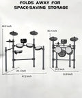 Electronic Drum Set For Adults And Beginners With 5 Mesh Pads, 3 Cymbals, dimensions visible for compact storage.
