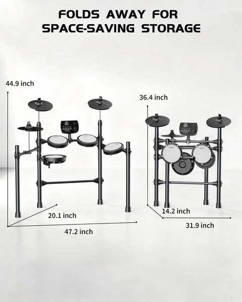 Electronic Drum Set For Adults And Beginners With 5 Mesh Pads, 3 Cymbals, dimensions visible for compact storage.