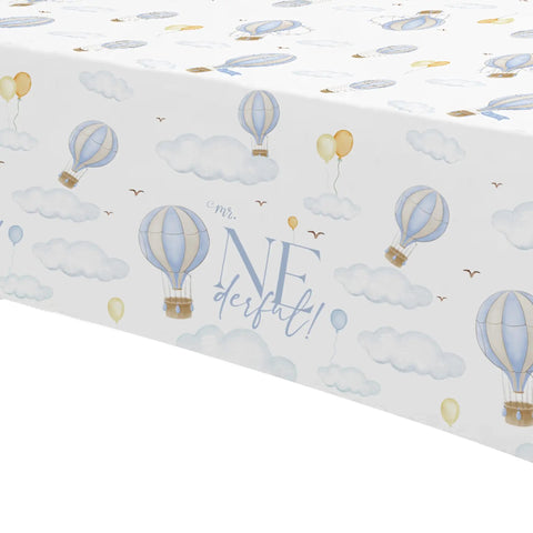 Blue Hot Air Balloon First Birthday Tablecloth Set 3 Pack Disposable Table Covers 55x86 Inches Baby Boy Party Decor With Clouds And Sky Theme Easy Cleanup And Whimsical Table Cover featuring blue hot air balloon and clouds design