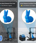 Comparison of 3D printed blue rabbit figure using non-dried and dried filament with upgraded filament dryer box for 3D printing.