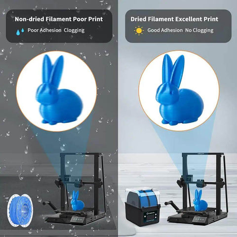 Comparison of 3D printed blue rabbit figure using non-dried and dried filament with upgraded filament dryer box for 3D printing.