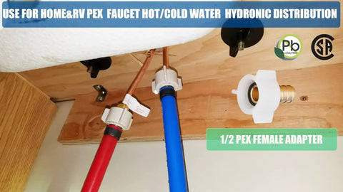 Half Inch Pex Female Swivel Fitting Adapter For RV Plumbing Lead Free Brass Crimp Connector Pack Of Ten Easy Install Durable Brass With ASTM F1807 NSF ANSI 61 NSF 372 Certification shown in RV plumbing setup with blue and red pipes