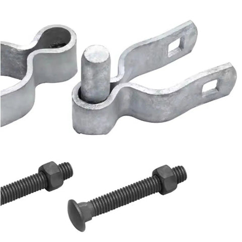 Two Pack Chain Link Fence Gate Hinge Set With Galvanized Steel Clamp On Hardware For Two And Three Eighths Inch Posts And One And Three Eighths Inch Frames. Close-up of hinge and bolts.