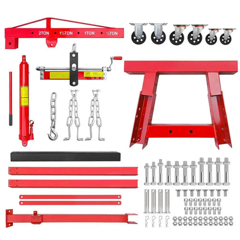Heavy Hitter Two Ton Folding Hydraulic Engine Hoist Cherry Picker Shop Crane With Four Thousand Four Hundred Lbs Capacity components including caster wheels, boom, and hardware.