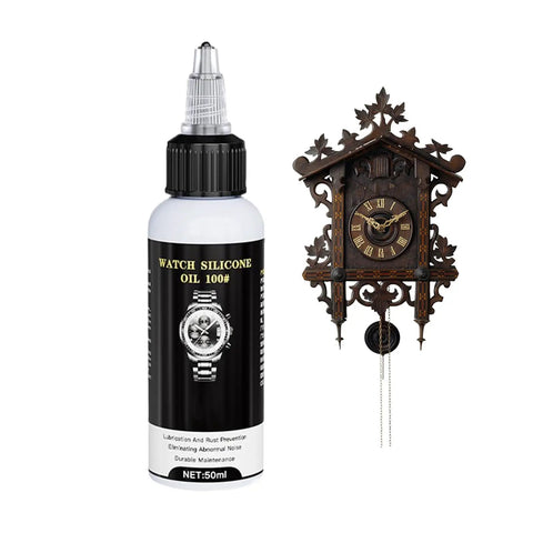Pro Grade Clock Lubricant And Maintenance Grease For Grandfather Clocks And Watches, 50ml Bottle next to a decorative wall clock