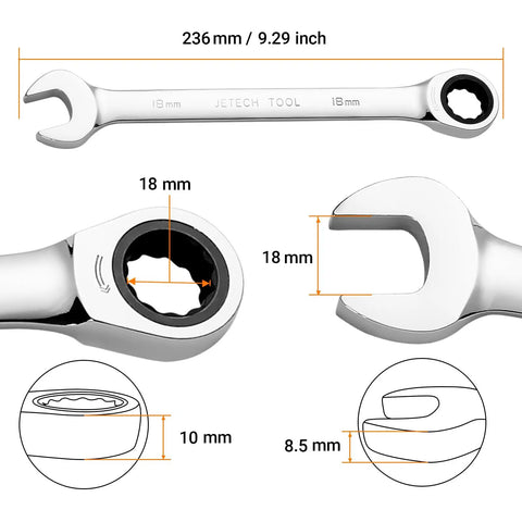 Diagram of 18mm Ratchet Wrench with a Beefy 12 Point Box End and 72 Tooth Ratcheting, Chrome Vanadium Steel, showcasing dimensions.