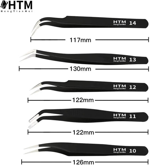 ESD Safe Precision Tweezers Set, 14 Piece Stainless Steel Tweezers includes slant, pointed tips for precise handling, DIY ready.