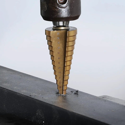Pro Grade 3 Piece Step Drill Bit Set With Titanium Coated High Speed Steel For Plastic Aluminum And Sheet Metal Drilling in use