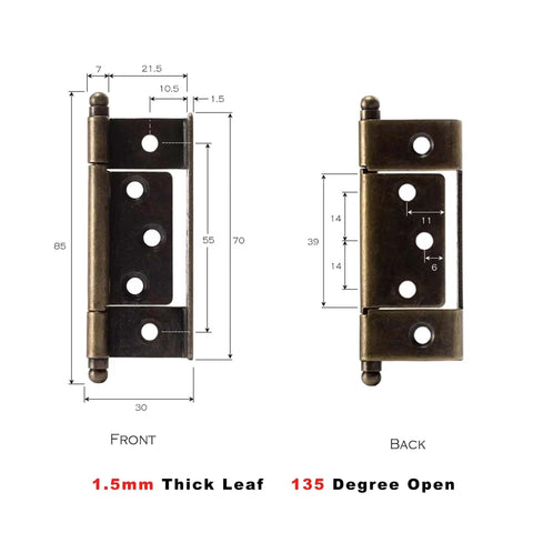 Diagram of 135° rotating concealed door hinges for kitchen cabinets, showing dimensions and thickness, heavy duty hardware.