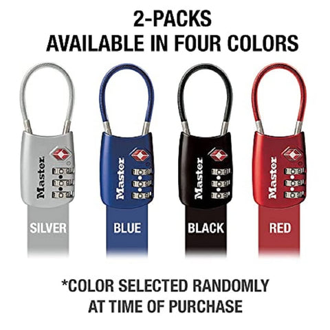 Set Your Own Combo TSA Travel Lock For Luggage And Zippers, Rugged Padlock With Cable Shackle, shown in four colors.