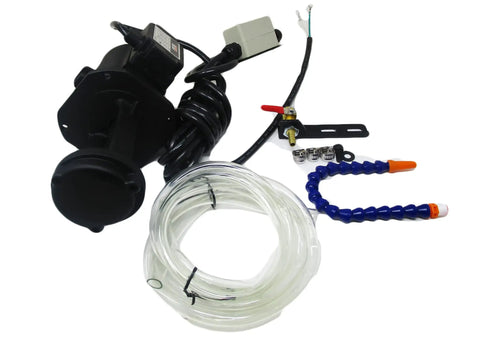 Rock Solid Flood Coolant System For Vertical Drill Presses Featuring 1/8 Hp Pump With 3 Phase 220/440 V Wiring, includes pump and tubing.