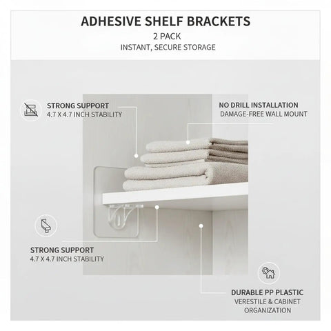 Stick On Shelf Brackets No Drill Wall Mounts For Closet And Cabinet Organization 4.7 By 4.7 Inch PP Plastic 2 Pack installation guide