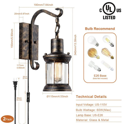 Rustic Lantern Wall Sconce Lights Plug In Oil Rubbed Bronze Antique Fixtures with bulb recommendations and dimensions