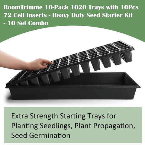 Person lifting 72-cell insert from Heavy Duty Reusable Plastic Seed Starter Kit With 10 Sets Of 1020 Trays No Holes.