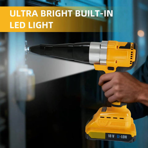 Heavy Duty Cordless Rivet Gun Compatible With DeWalt 20V Battery Tool Only with built-in LED light for precision work.