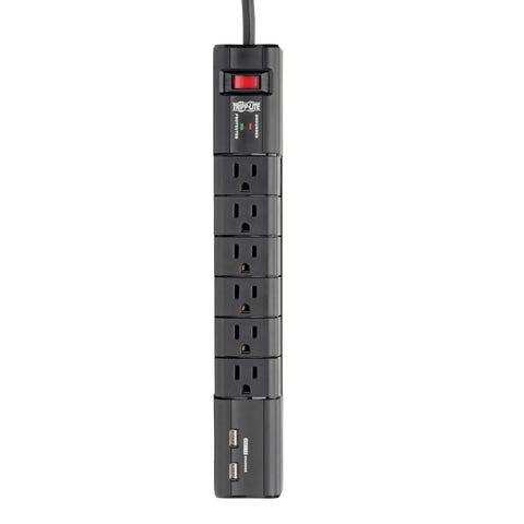 Six Rotatable Outlets Surge Protector Power Strip With Eight Foot Cord And Two USB Ports For Home Office And Electronics, Black