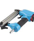 Professional Grade Pneumatic Brad and Staple Nailer with Insanely Fast Nailing Speed and Efficient Air Flow Usage and Sweet Grip for Furniture and Woodworking Tasks, blue handheld tool with contoured grip.