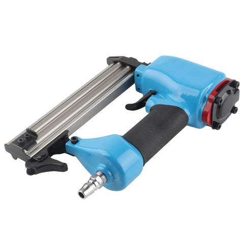 Professional Grade Pneumatic Brad and Staple Nailer with Insanely Fast Nailing Speed and Efficient Air Flow Usage and Sweet Grip for Furniture and Woodworking Tasks, blue handheld tool with contoured grip.