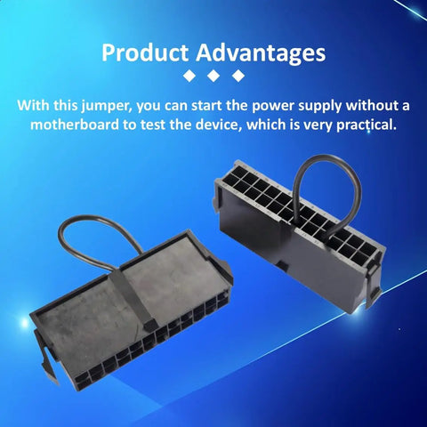 24 Pin ATX Jumper Bridge Power Supply Starter Tool For PC Testing And Troubleshooting Start Your PSU Without A Motherboard Ideal For PC Builds And Mining Rigs Quick Power On, black plastic 24-pin jumper shown front and angled