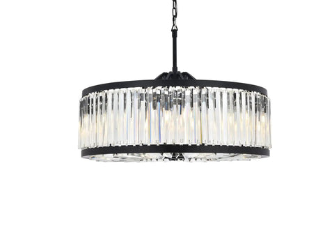 Chelsea Collection 10-Light Pendant Lamp With Royal Cut Crystals And Mocha Brown Finish suspended, showcasing stylish crystal beams.