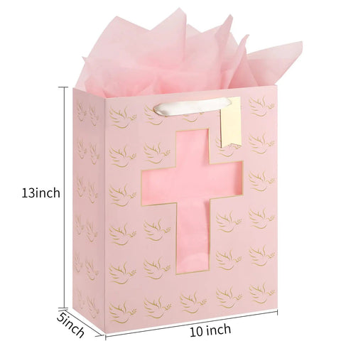 Pink Gift Bag With Cross Window Design And Tissue Paper 10 By 5 By 13 Inches Ideal Baptism Gift Bag For Girls First Communion And Confirmation Gifts Christening And Religious Event Supplies