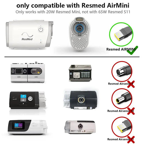 Image showing compatibility chart for 20W AC Power Brick For ResMed AirMini AutoSet Travel CPAP Machine, showing compatible and incompatible models.