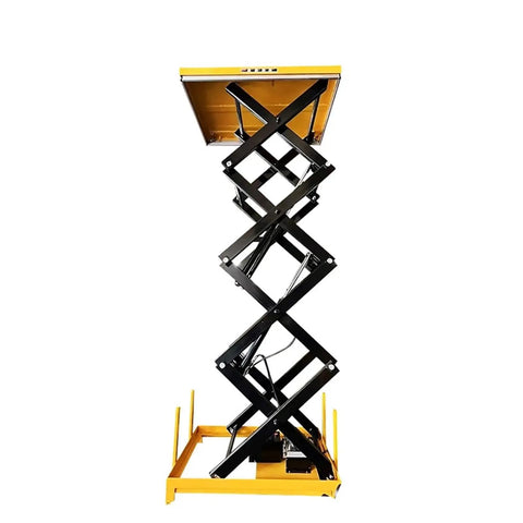 Heavy Duty Fixed Scissor Lift Table With Hydraulic Foot Pump For No Sweat Cargo Elevation shown from side with raised platform and cross supports.