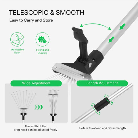 Diagram of Two Piece Adjustable Leaf Rake Set With Telescoping Handles And Collapsing Tines Designed For Yard Cleanup