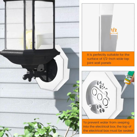 Vinyl Siding Mounting Block Kit With Built In Electrical Box For Outdoor Lighting Vertical Light Mount Blocks For Half Inch Lap Siding White Finish Easy Install No Fuss Exterior Light Mounting Bracket on white vinyl siding, octagon base, 1/2-inch lap siding