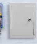 Outdoor Waterproof Aluminum Electrical Box 300x400x160mm Junction Box installed on a wall beside a clear electrical panel
