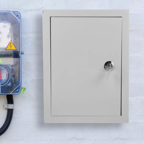 Outdoor Waterproof Aluminum Electrical Box 300x400x160mm Junction Box installed on a wall beside a clear electrical panel