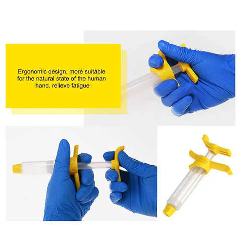 Hands holding syringes from Hydraulic Bike Brake Bleed Kit for Shimano, SRAM and Magura Pro Grade MTB and Road Bike Bleeding Tool Set.