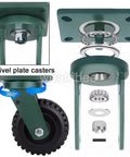 Heavy Duty Caster Wheels Set Of 4 Solid Rubber Industrial Swivel Casters With Locking Brakes Built Tough Thick Steel Plate No Sweat Ride Thrust Bearing For Shop Gear, 360° swivel and detailed assembly.