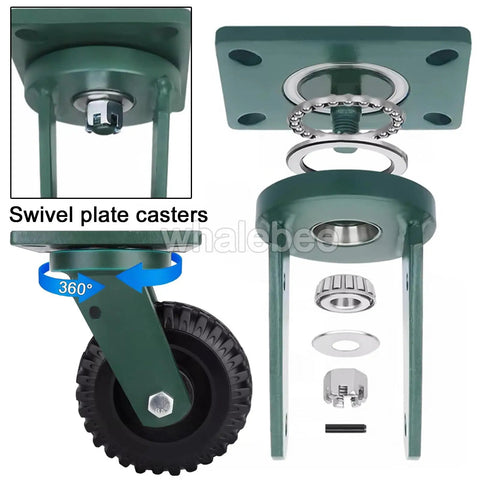 Heavy Duty Caster Wheels Set Of 4 Solid Rubber Industrial Swivel Casters With Locking Brakes Built Tough Thick Steel Plate No Sweat Ride Thrust Bearing For Shop Gear, 360° swivel and detailed assembly.