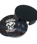 Leather Coasters Set With Holder, 6 Pcs Round Microfiber PU Leather Drink Coasters with humorous design, table protection.