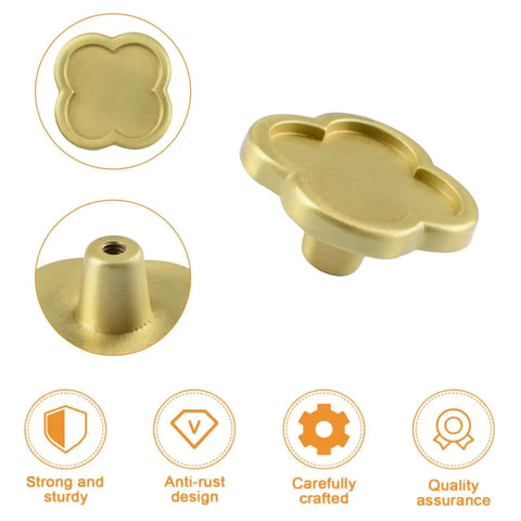Two Pack Clover Shaped Brass Knob Set For Dresser Wardrobe Cabinets And Doors With Dope Gold Finish, shown with mounting details.