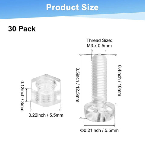 30 Pack Clear Plastic Machine Screws And Hex Nuts Kit M3 X 10mm Cross Recessed Round Head Bolts shown with size details.