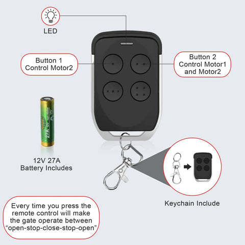 Dual Gate Opener Remote Transmitter For GYXEL And JUJIANG Automatic Gate Openers Keychain Remote with Battery and Instructions