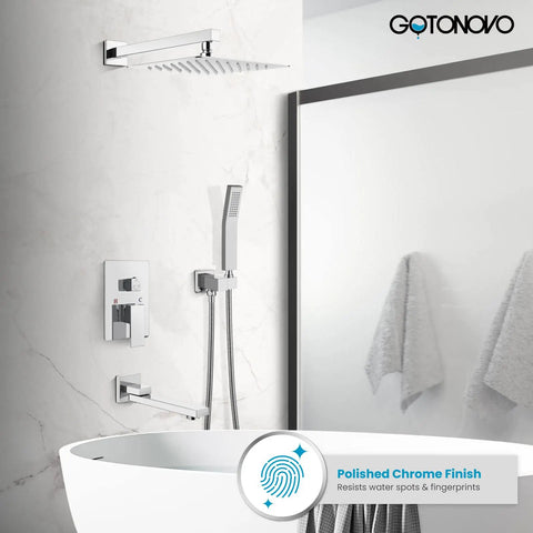 Rainfall Tub Shower Faucet Set With Handheld Sprayer Wall Mount Square High-Pressure Shower System 12-Inch Polished Chrome